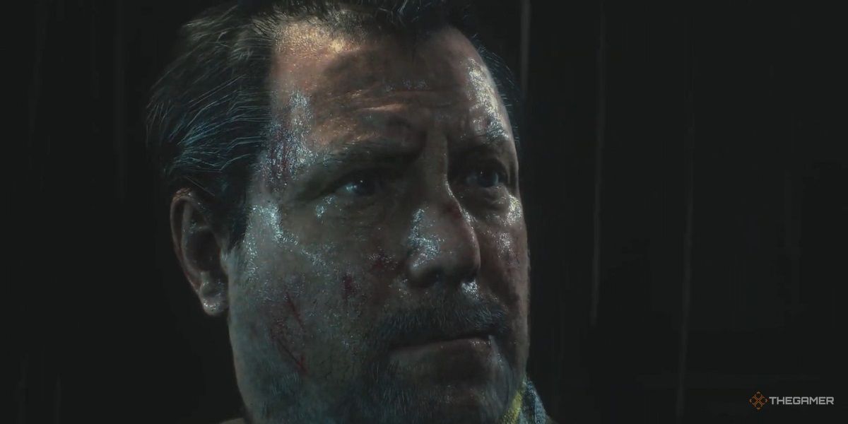 Close-up of a rain-soaked, distraught Robert Kendo in Resident Evil 2 Remake.