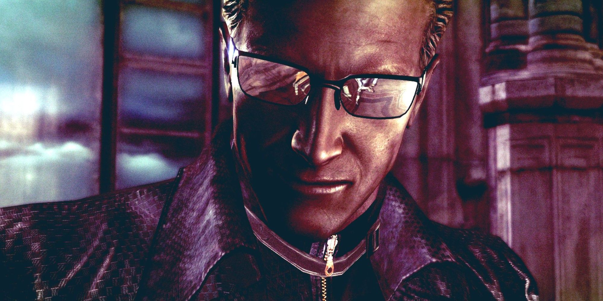 A close up of Albert Wesker standing in a dark room in Resident Evil 5.