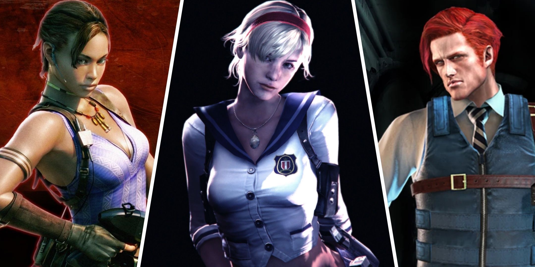 Split image of Sheva Alomar, Sherry Birkin and Raymond Vester from Resident Evil.