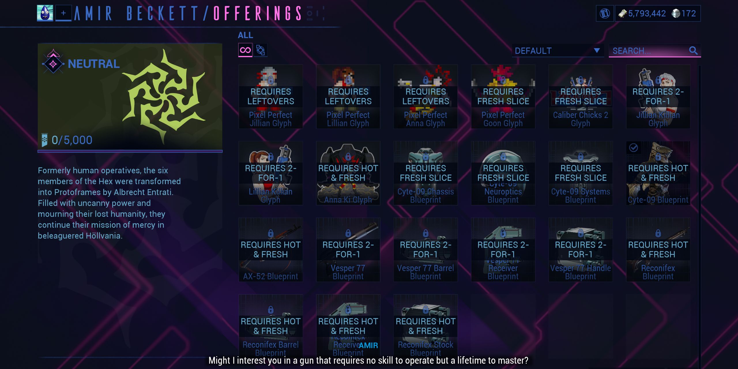 Amir's vendor menu in Warframe.