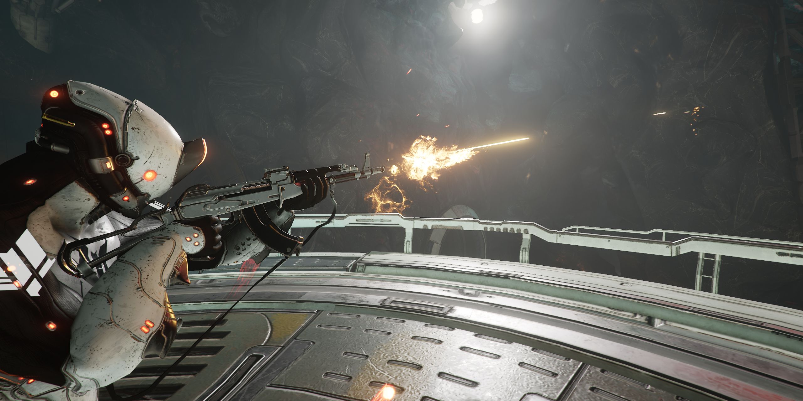 Excalibur shooting with the AX-52 in Warframe.