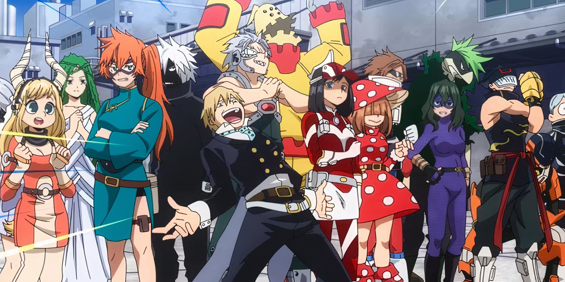 Students of Class 1-B from My Hero Academia standing together in their Hero costumes.