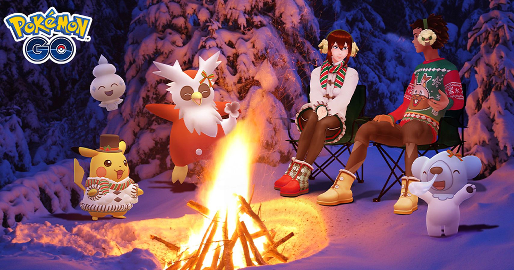 Image of different costumed Pokemon and two Pokemon Go Trainers around a campfire.