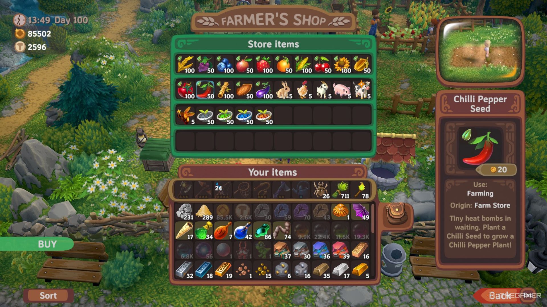 Menu for the Farmer's Shop showing a variety of seeds, farm animals, and fertilizer available in Luma Island.