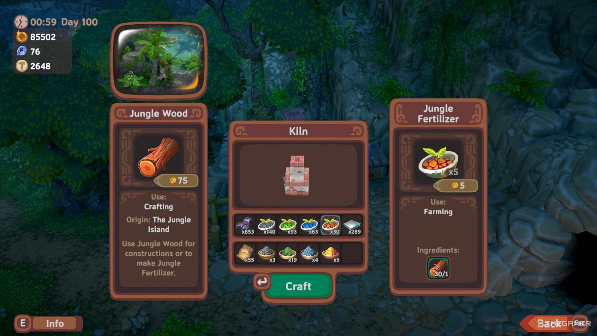 View of the Kiln and its recipes focusing on the recipe for Jungle Fertilizer in Luma Island.