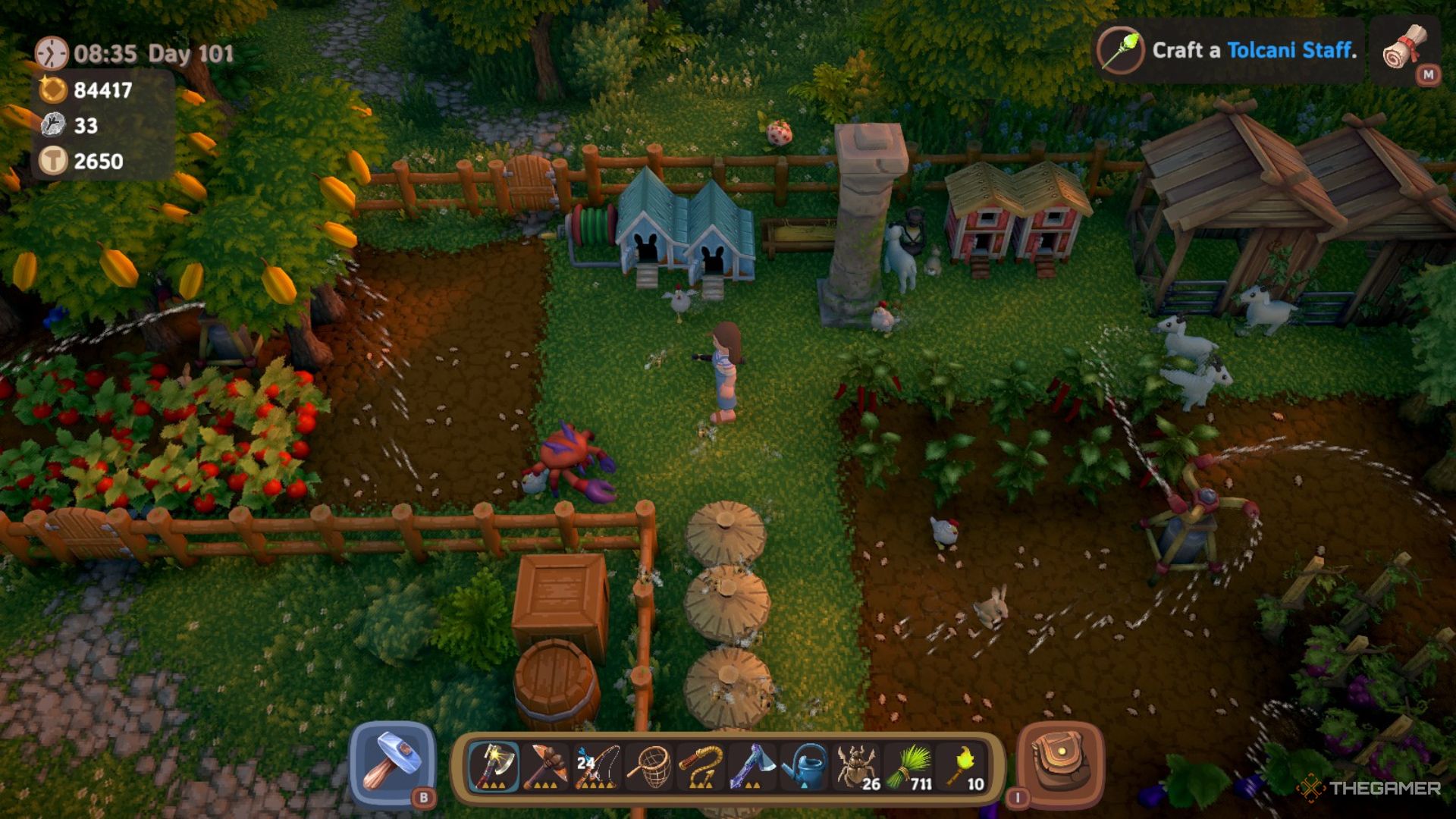 Player character standing in the middle of their crop field while Rabbits, Chickens, and Goats roam in Luma Island.