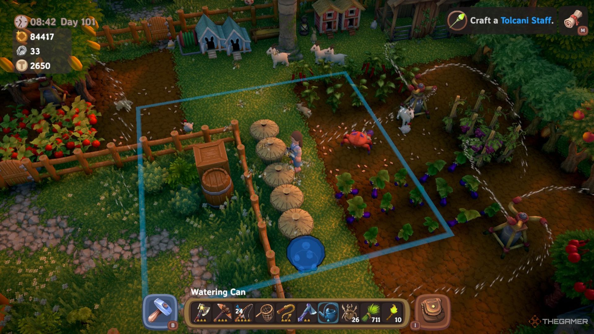 Player character checking on several bee hives and the range of one is shown as a blue square in Luma Island.