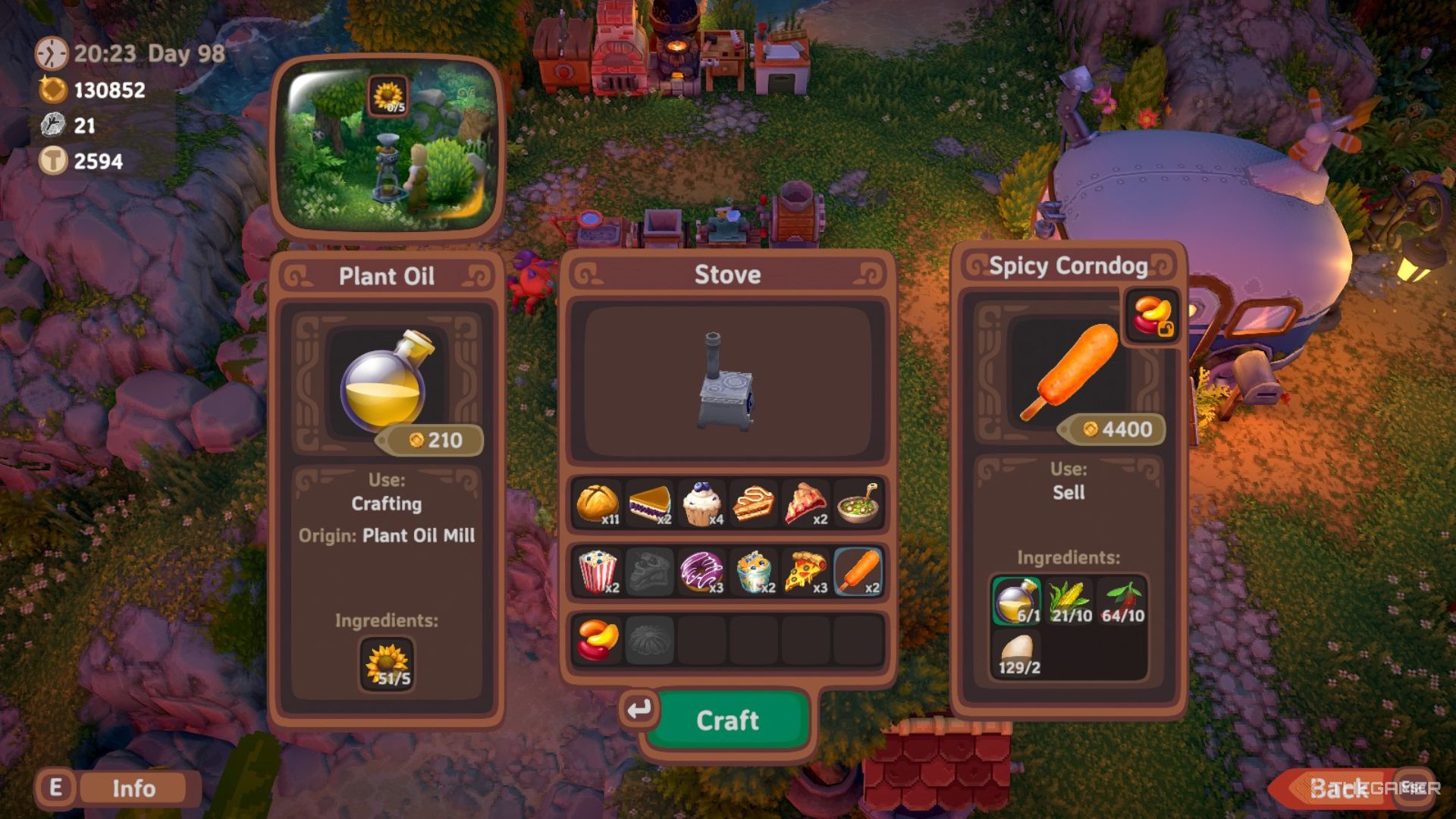 Menu for the Stove crafter showing a variety of recipes and focusing on the recipe for a Spicy Corndog in Luma Island.