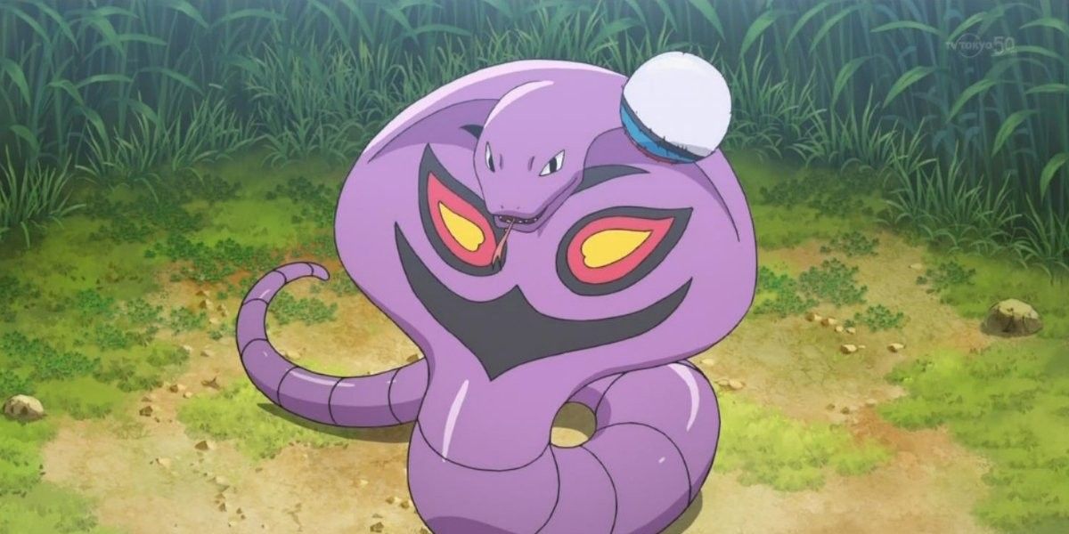 Great Ball hitting an Arbok in the Pokemon anime.