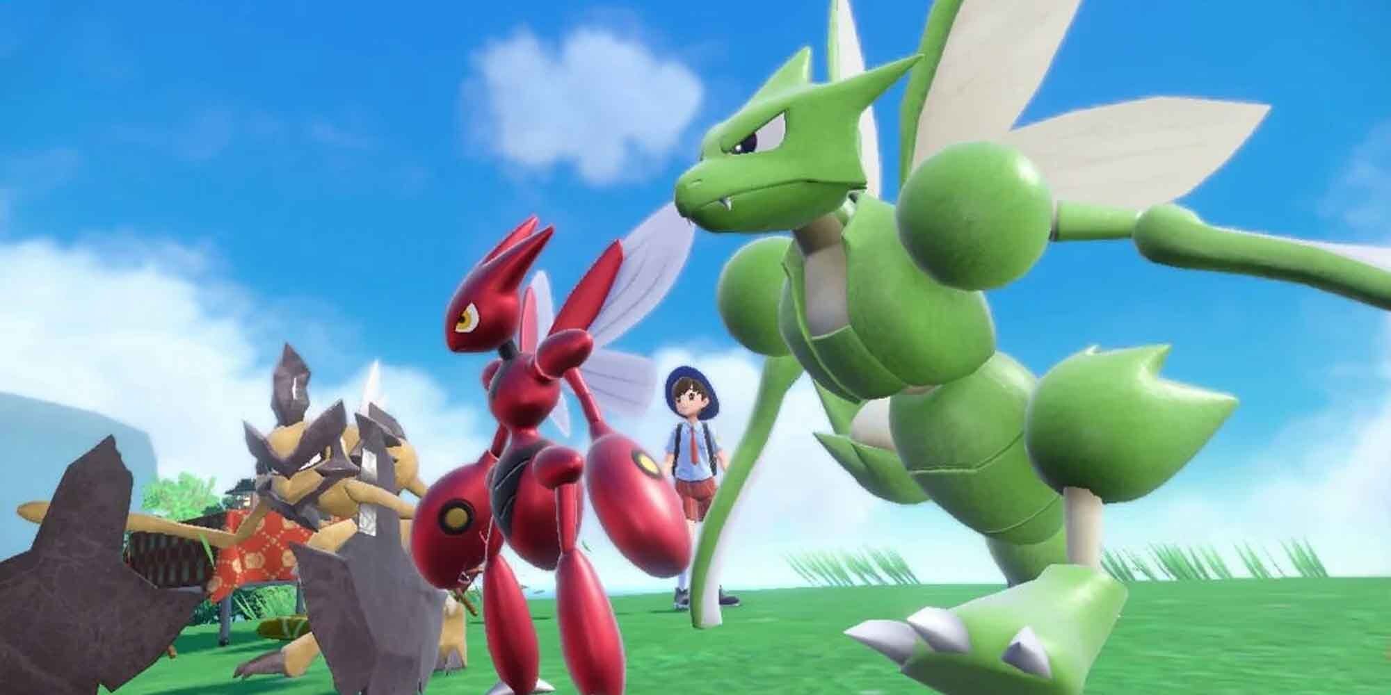 Scyther, Scizor, and Kleabor prepare to do battle in Pokemon