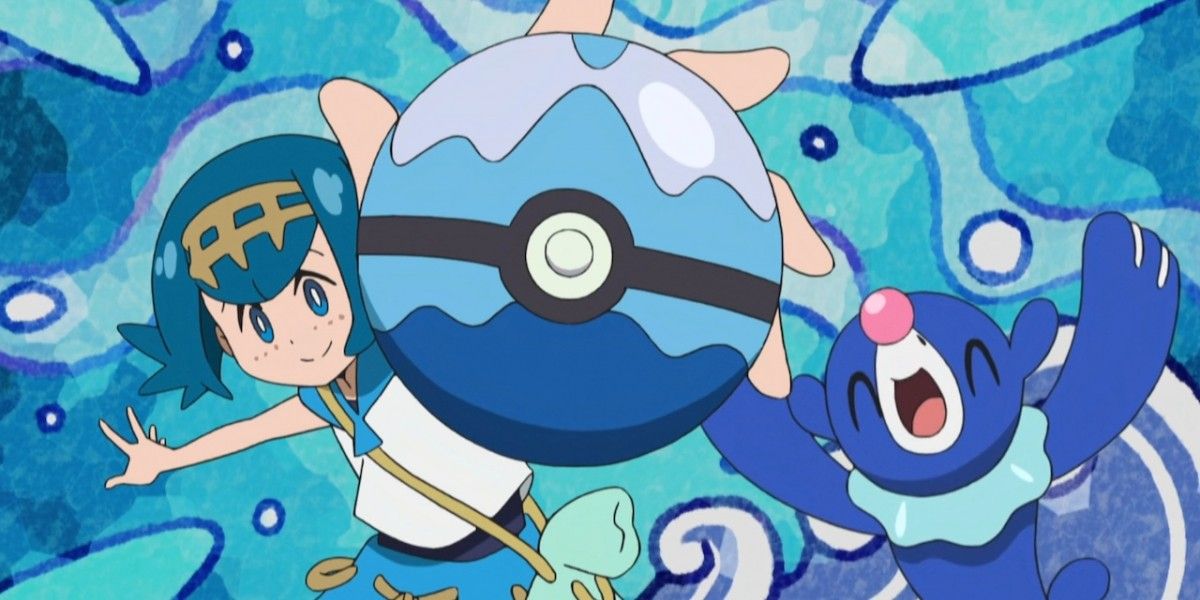 Lana and Popplio with a Dive Ball in the Pokemon anime.