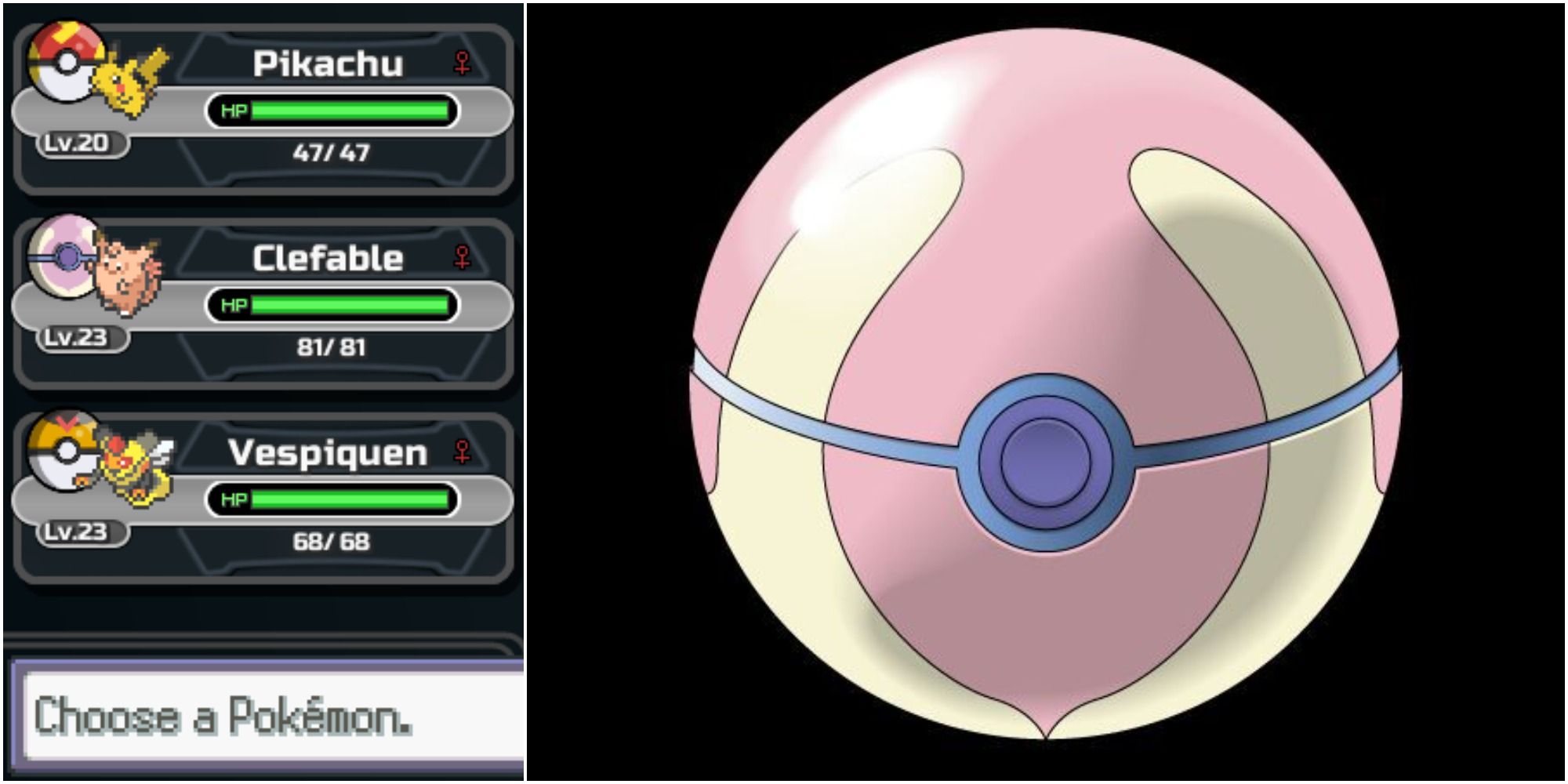 A split image of a Clefable in its Heal Ball alongside another Heal Ball in Pokemon Black and White.