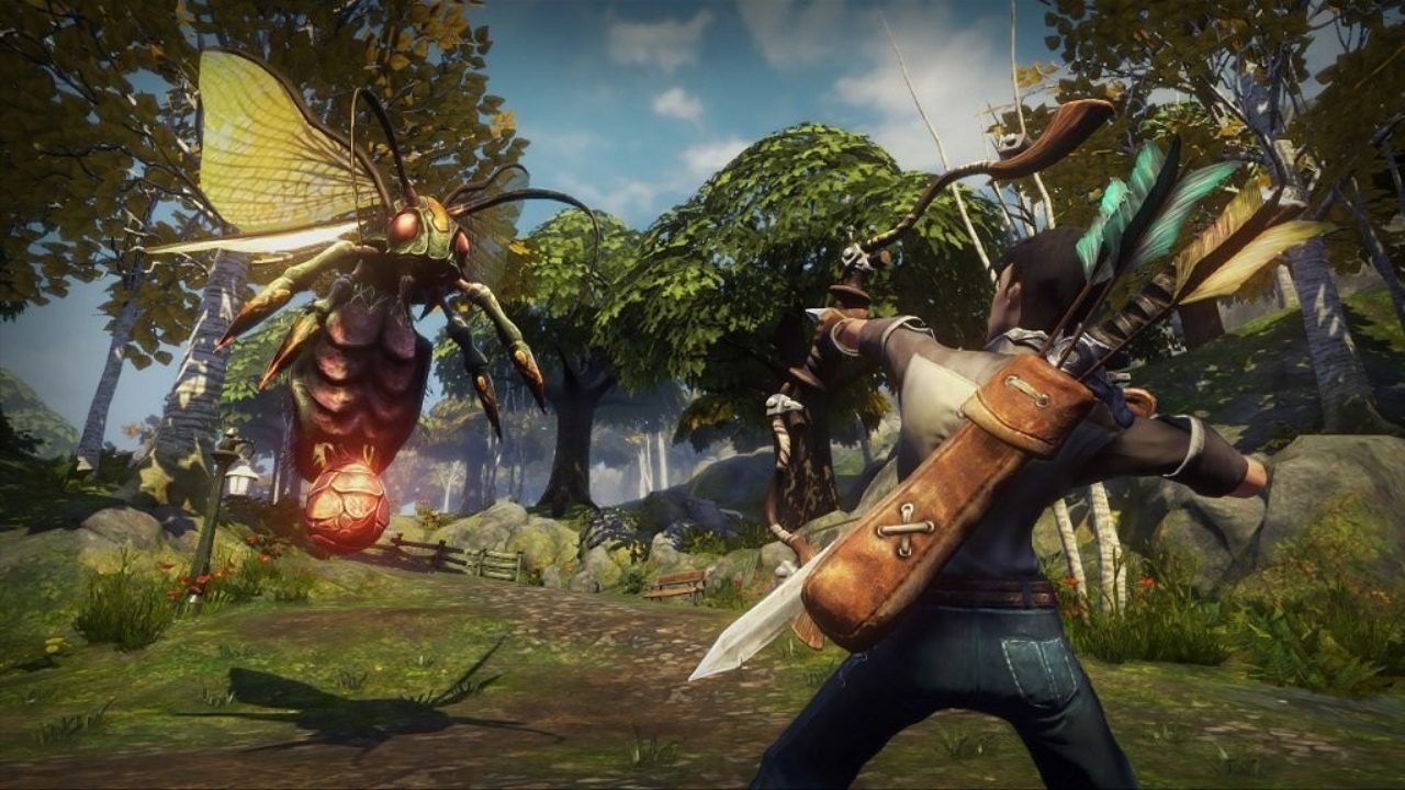 The Hero from Fable shooting an arrow at a wasp. 