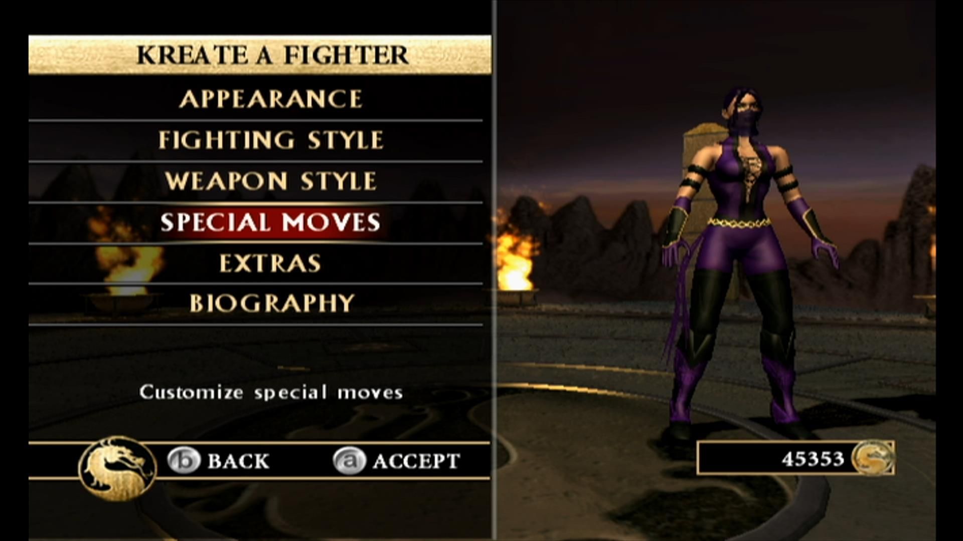 A screenshot of Mortal Kombat Armageddon's Kreate A Fighter mode.