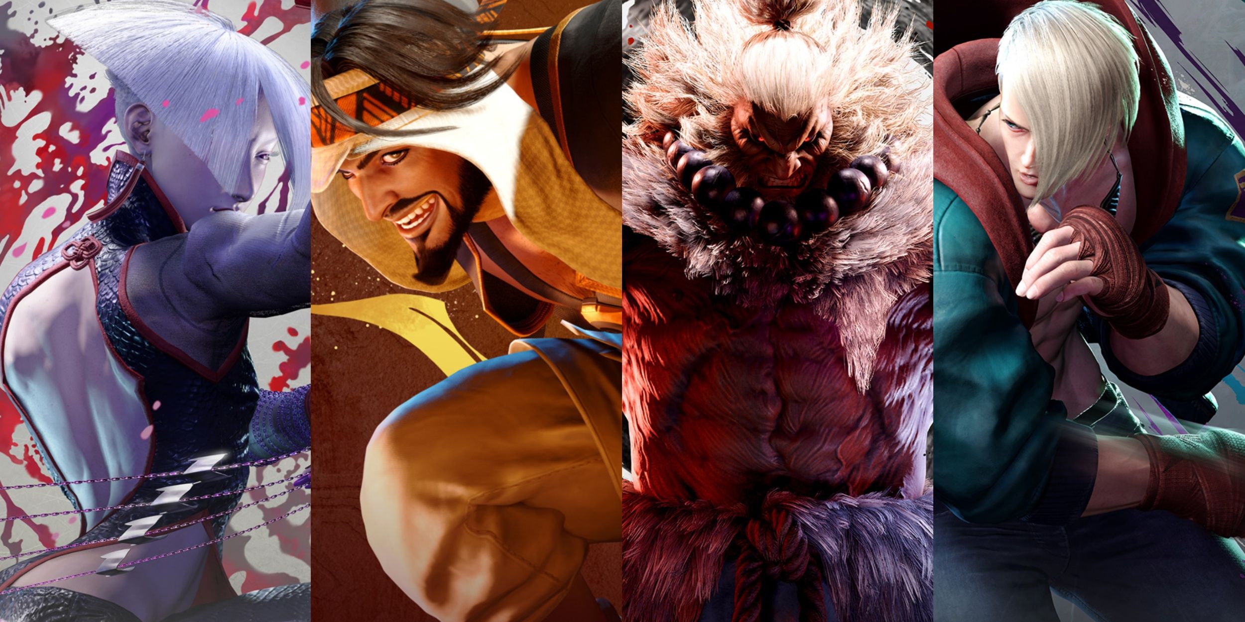 A collage of images showcasing (From Left to Right) A.K.I., Rashid, Akuma, and Ed from Street Fighter 6