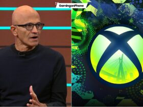 Microsoft CEO Satya Nadella at the annual shareholders meeting, Xbox Logo