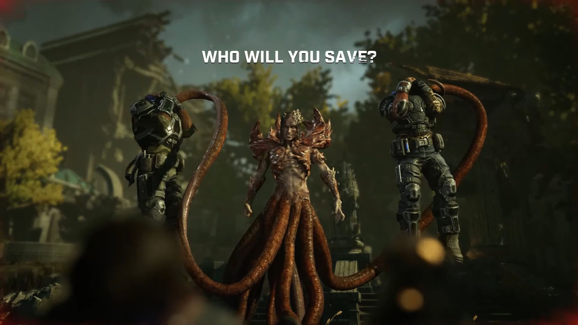 A screenshot of the choice between JD and Del at the end of Gears 5. 