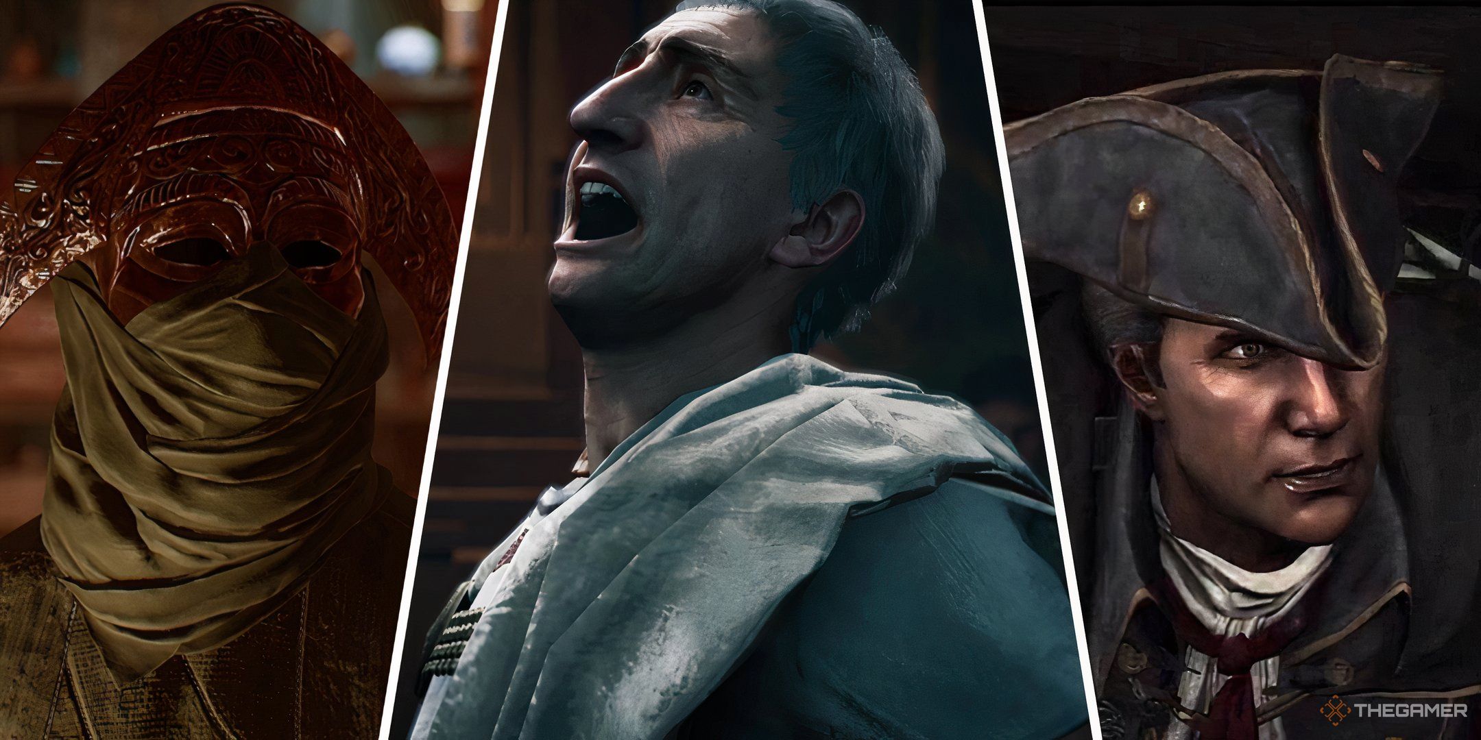 Assassin's Creed 10 Best Assassinations In The Franchise New Feature Image With Order Member Ning From AC Mirage, Julius Caeser From AC Origins, And Haytham Kenway From AC3