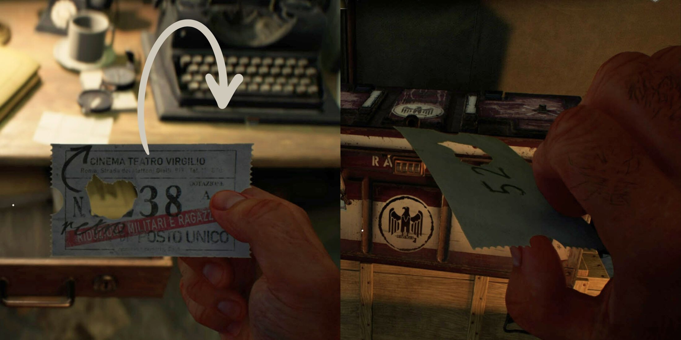 Taking the Ticket Stub Out of the Drawer in the Tent inside Vatican City's Belvedere Courtyard in Indiana Jones and the Great Circle