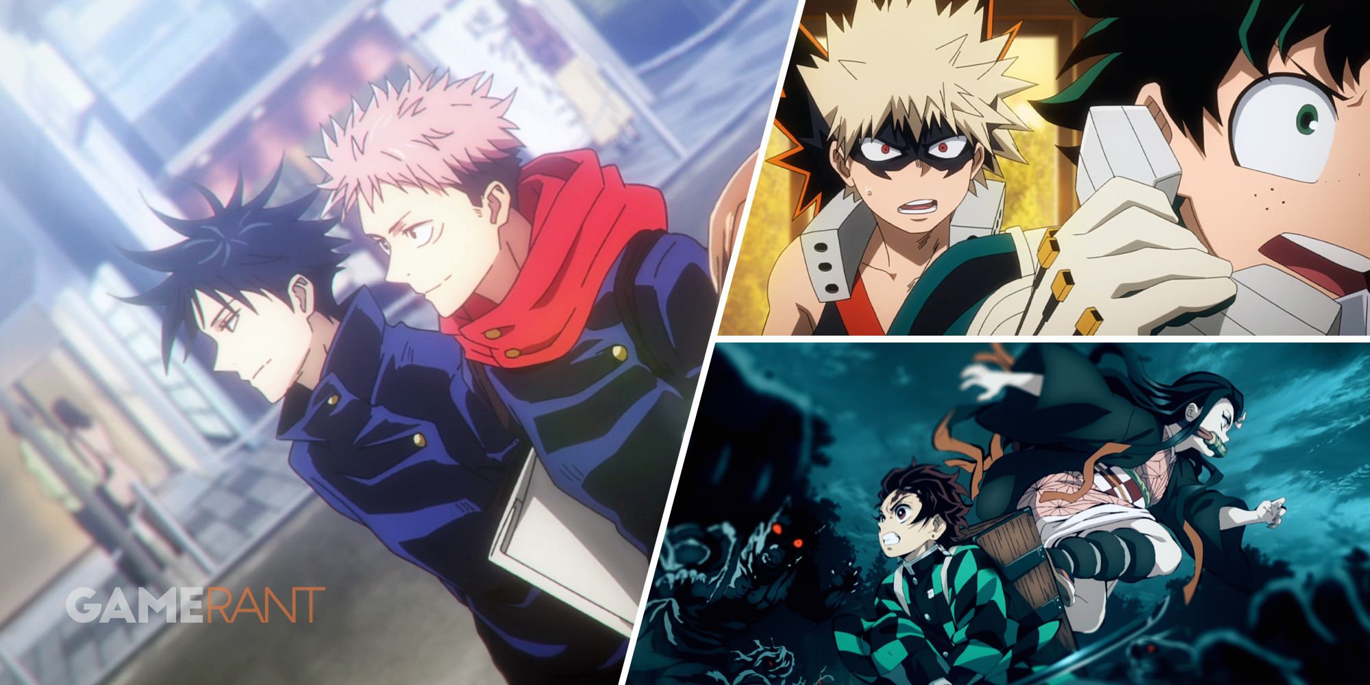 Itadori And Megumi From Jujutsu Kaisen on left, ​​​​​​Bakugo And Midoriya From My Hero Academia on top right, Tanjiro And Nezuko From Demon Slayer on bottom right