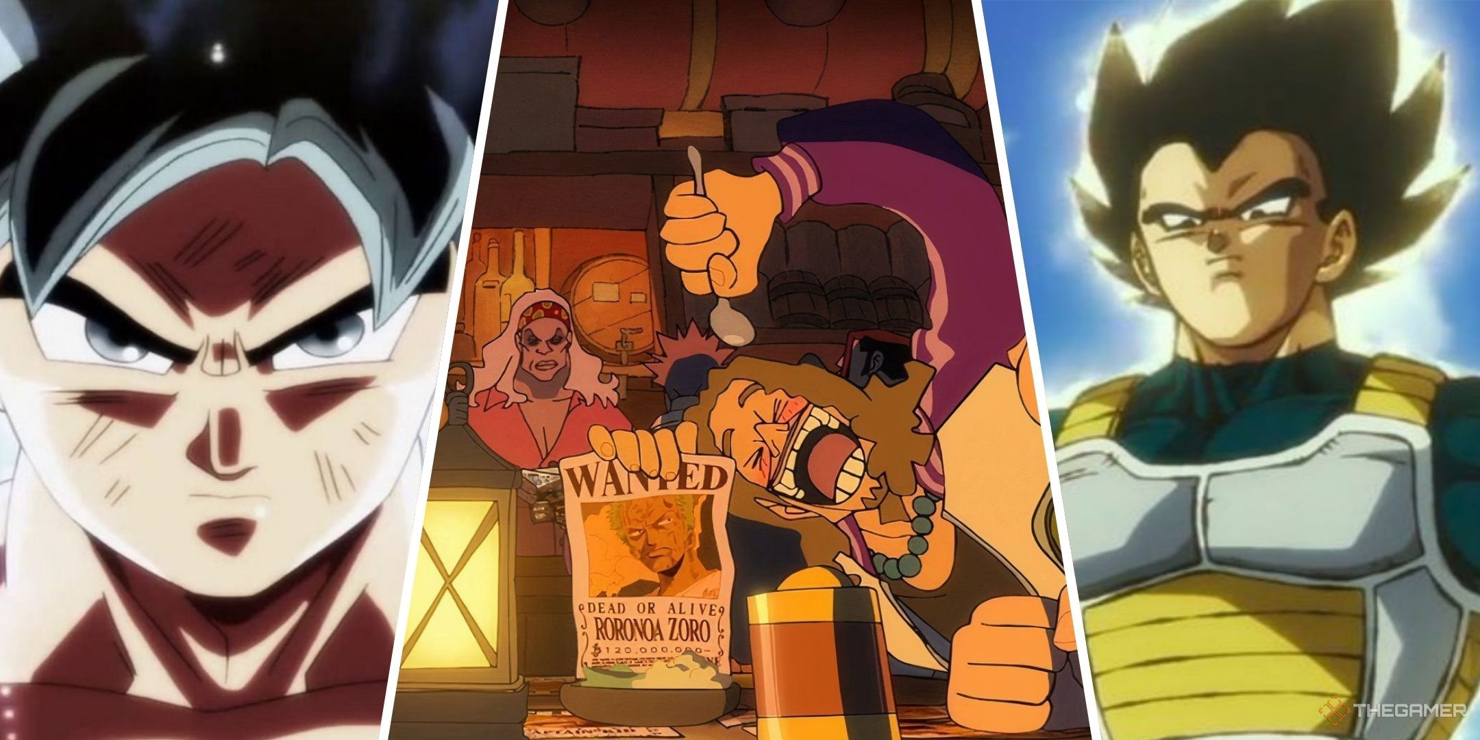 Collague showing Goku, a wanted poster of Zoro, and Vegeta.