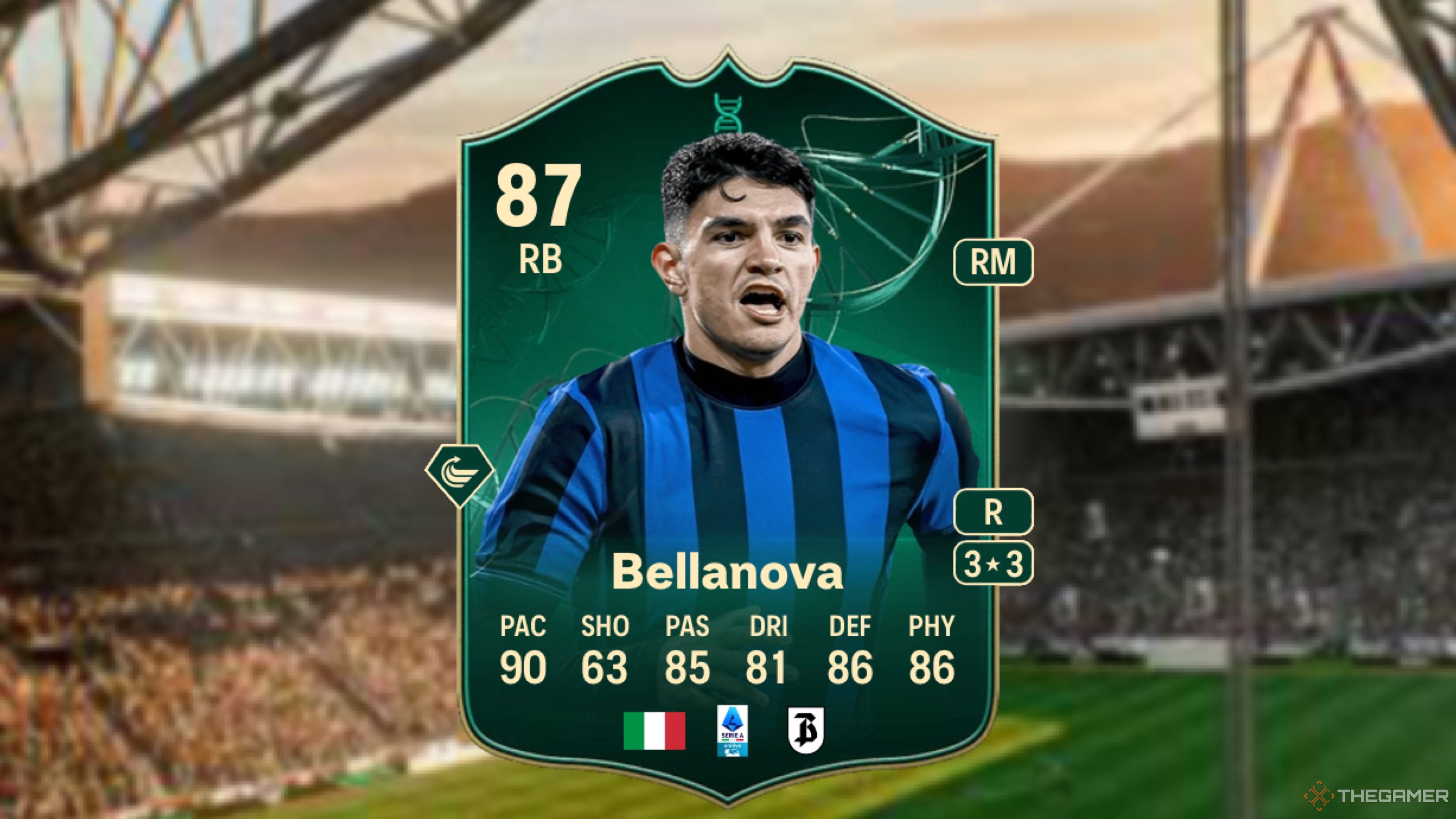 Image showing Bellanova card against a faded stadium background.