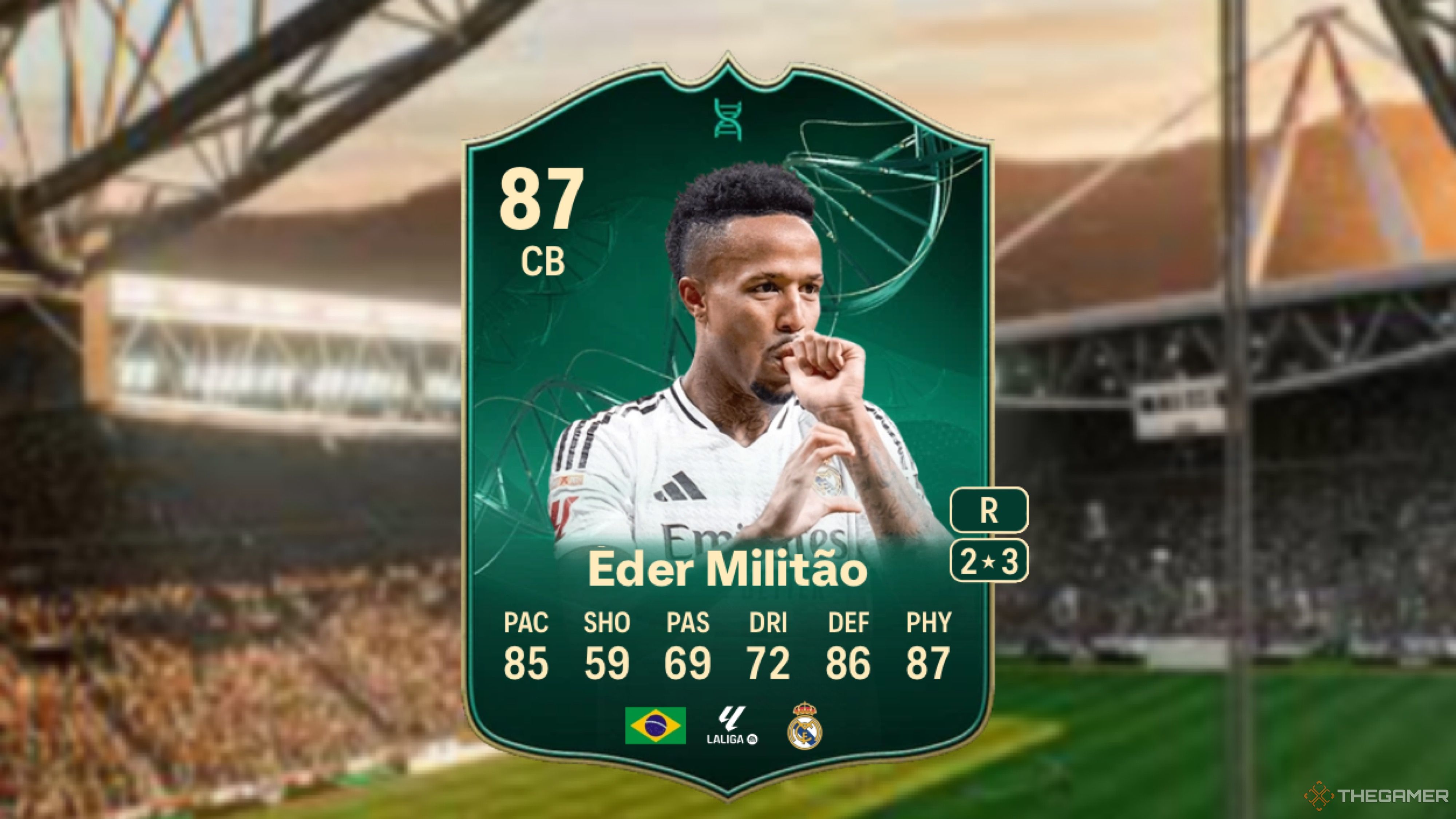 Image showing Militão card against a faded stadium background.