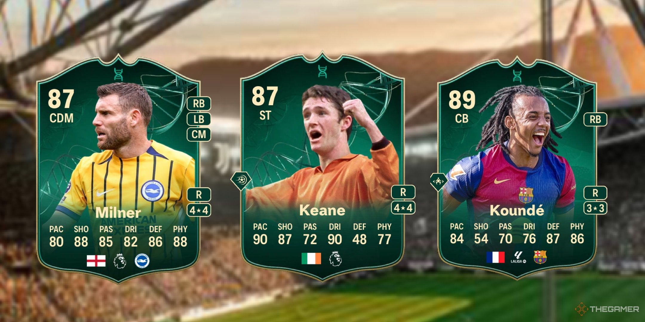 Image showing Milner, Keane, and Koundé card against a faded pitch background.