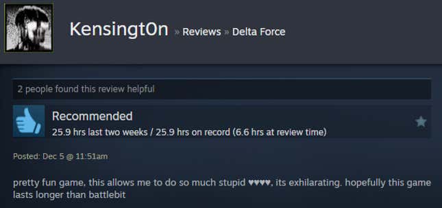 A screenshot shows a Steam user review for Delta Force.