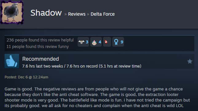 A screenshot shows a Steam user review for Delta Force.