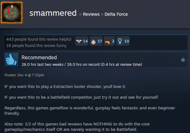 A screenshot shows a Steam user review for Delta Force.