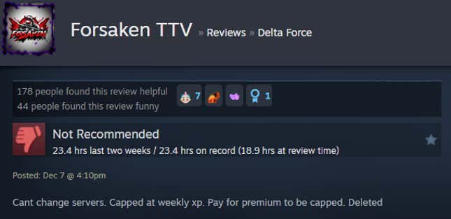 A screenshot shows a Steam user review for Delta Force.