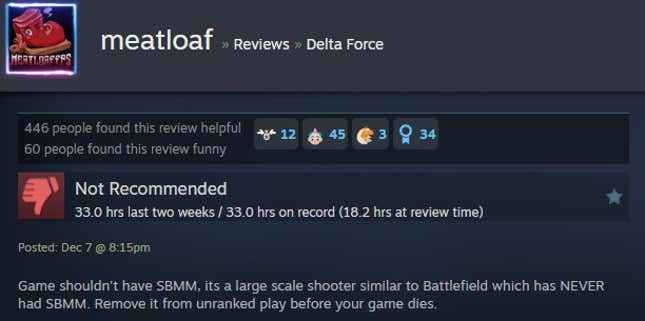 A screenshot shows a Steam user review for Delta Force.