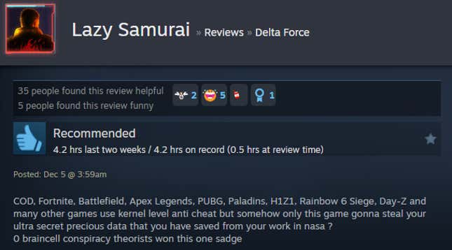 A screenshot shows a Steam user review for Delta Force.