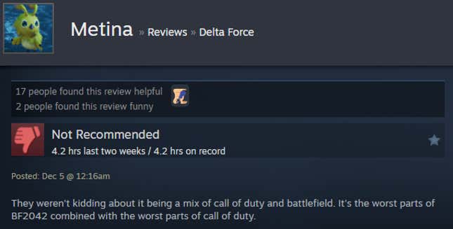 A screenshot shows a Steam user review for Delta Force.