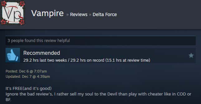 A screenshot shows a Steam user review for Delta Force.