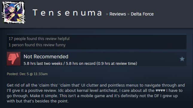 A screenshot shows a Steam user review for Delta Force.