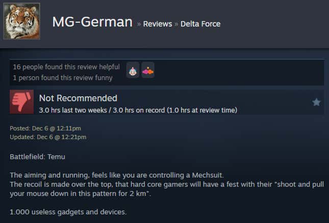 A screenshot shows a Steam user review for Delta Force.