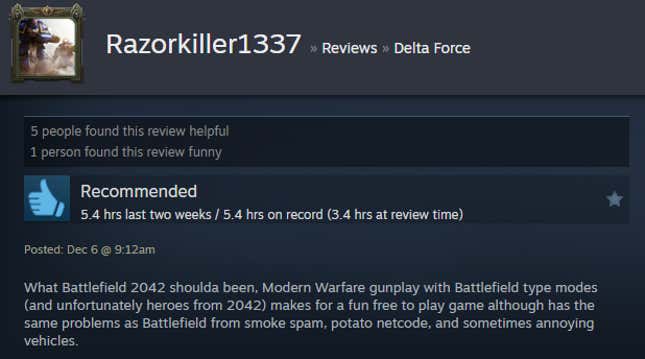 A screenshot shows a Steam user review for Delta Force.