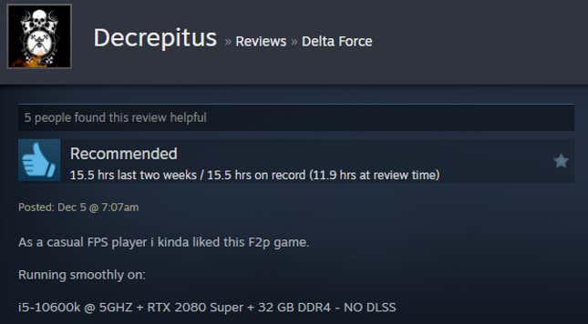 A screenshot shows a Steam user review for Delta Force.