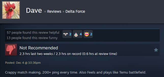 A screenshot shows a Steam user review for Delta Force.