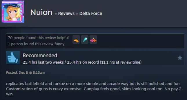 A screenshot shows a Steam user review for Delta Force.