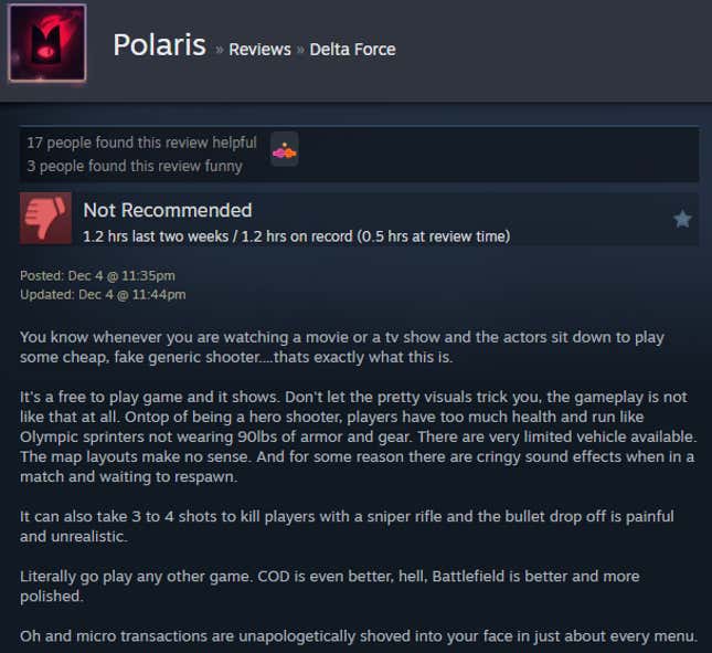 A screenshot shows a Steam user review for Delta Force.