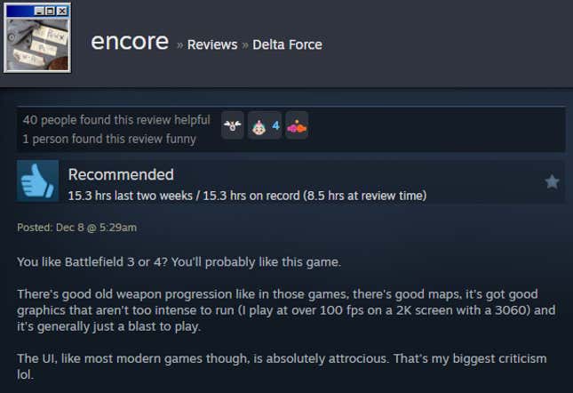 A screenshot shows a Steam user review for Delta Force.