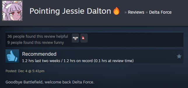 A screenshot shows a Steam user review for Delta Force.