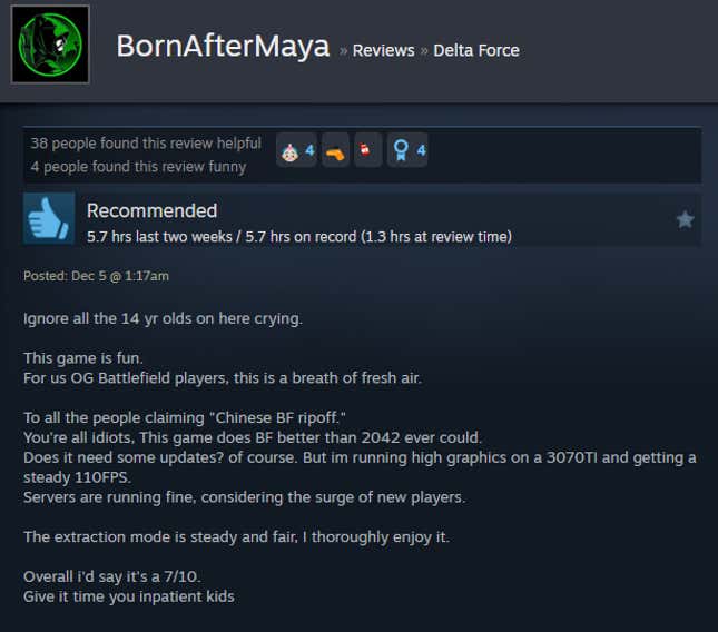 A screenshot shows a Steam user review for Delta Force.