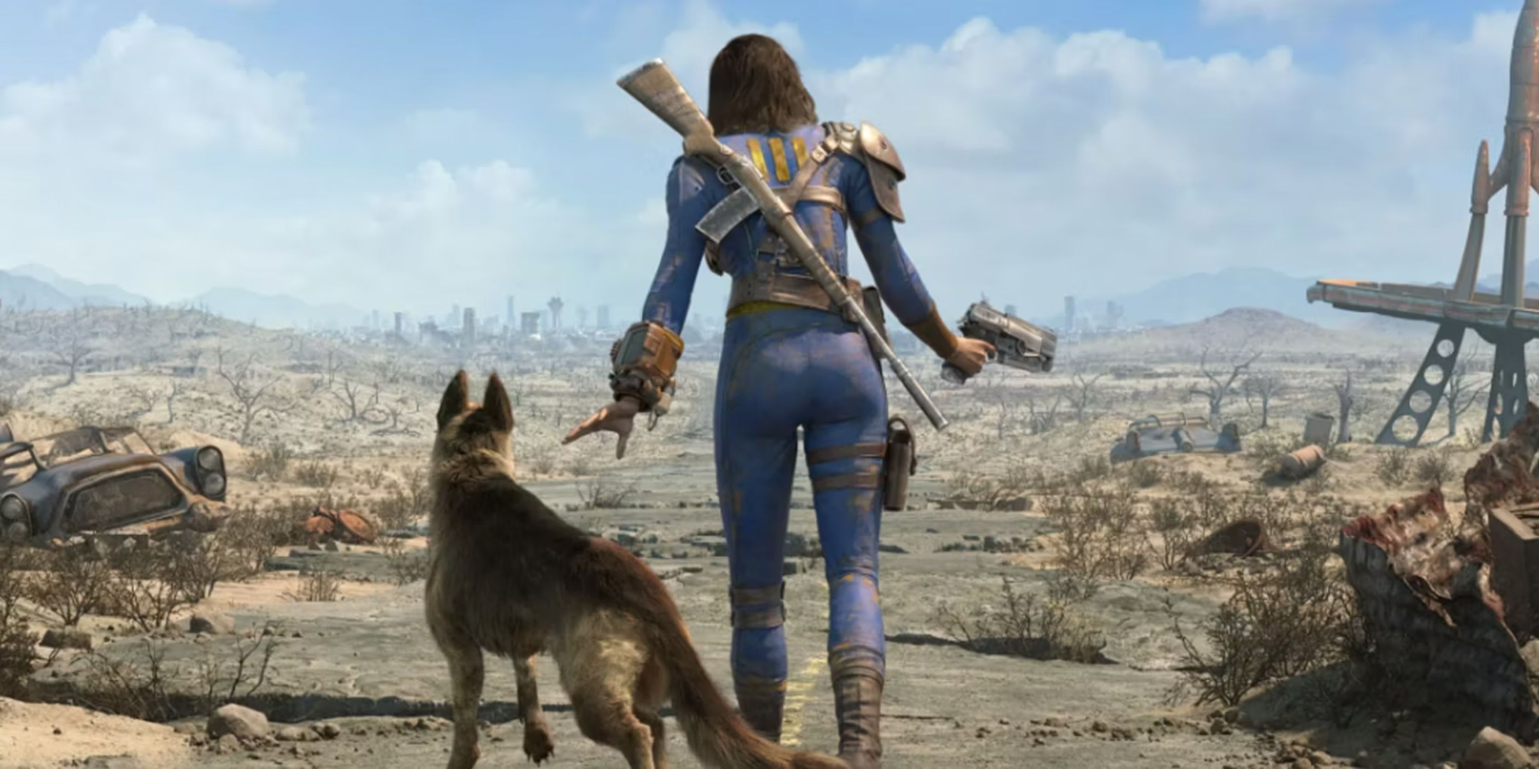 Fallout 4 shot of Sole Survivor and Dogmeat from behind, looking at the Wasteland.