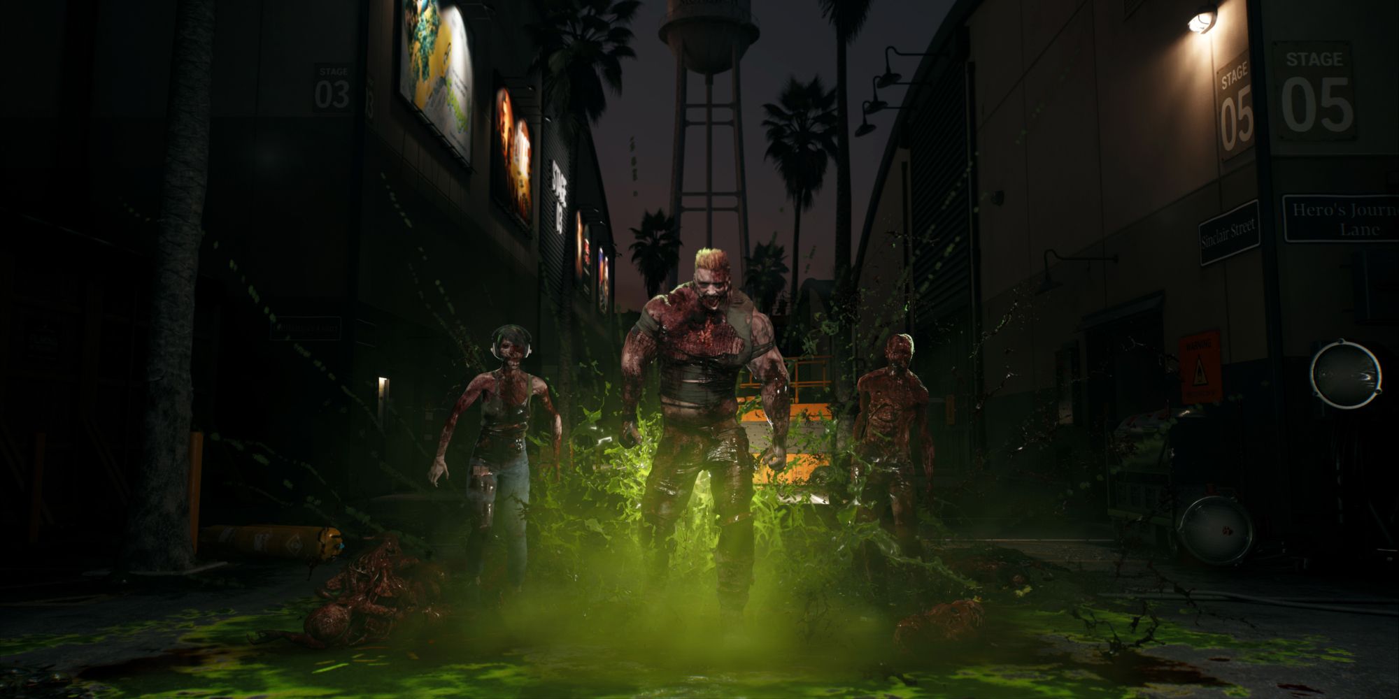 Dead Island 2 screenshot of three zombies standing In green liquid.