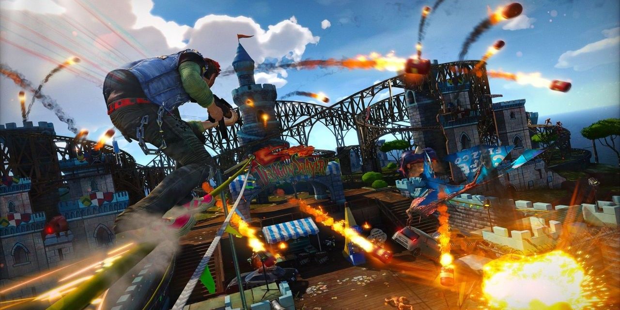 Sunset Overdrive screenshot of the main character grinding through a barrage of missiles.