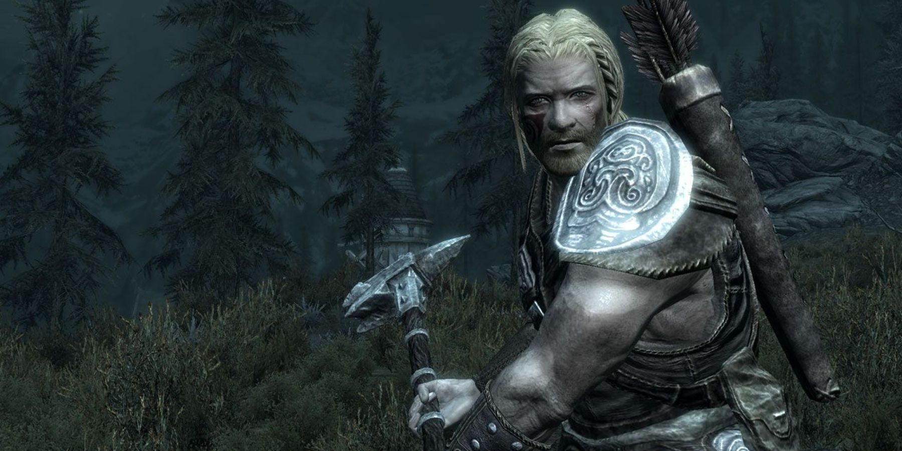 A nord man in Skyrim swinging a large hammer.